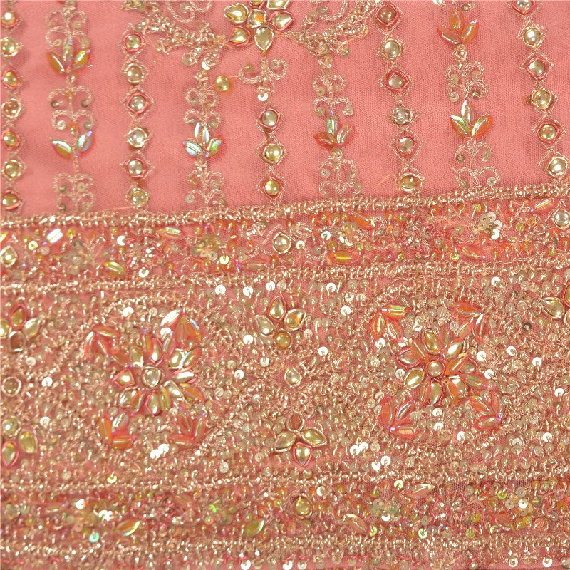 Sanskriti Vintage Pink Long Indian Stitched Lehenga Net Mesh Hand Embroidered