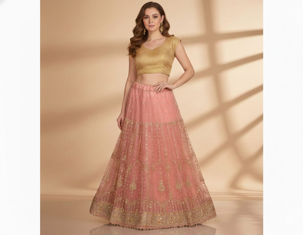 Sanskriti Vintage Pink Long Indian Stitched Lehenga Net Mesh Hand Embroidered