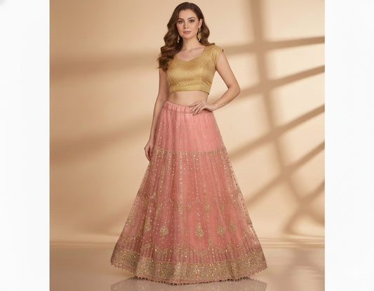 Sanskriti Vintage Pink Long Indian Stitched Lehenga Net Mesh Hand Embroidered