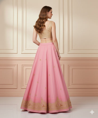 Sanskriti Vintage Pink Long Unstitched Lehenga Pure Silk Hand Embroidery Zardozi