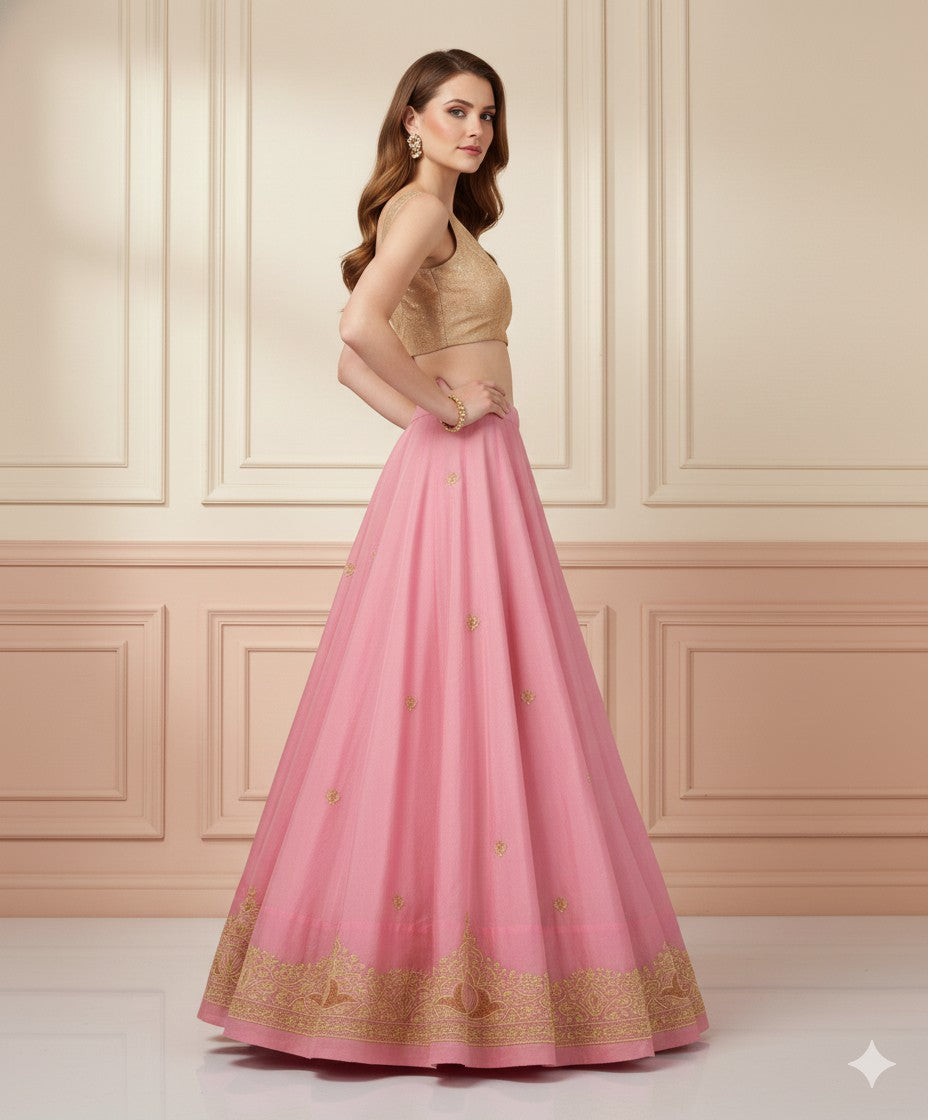 Sanskriti Vintage Pink Long Unstitched Lehenga Pure Silk Hand Embroidery Zardozi