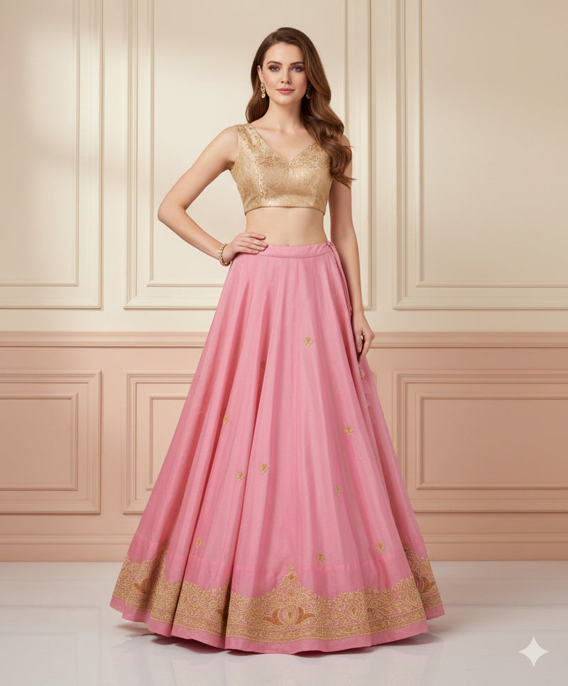Sanskriti Vintage Pink Long Unstitched Lehenga Pure Silk Hand Embroidery Zardozi