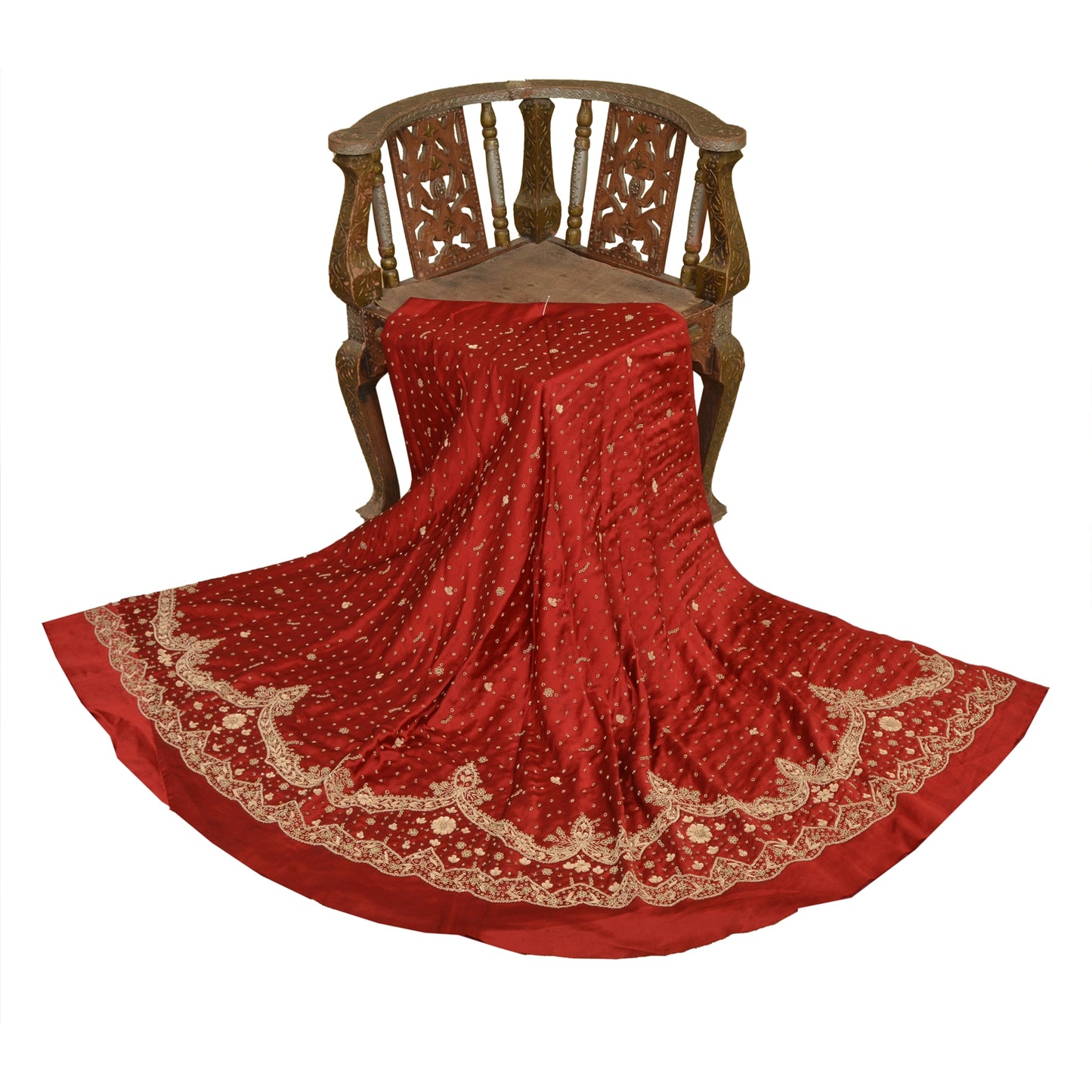 Sanskriti Vintage Red Long Unstitched Lehenga Pure Satin Hand Embroidery Zardozi