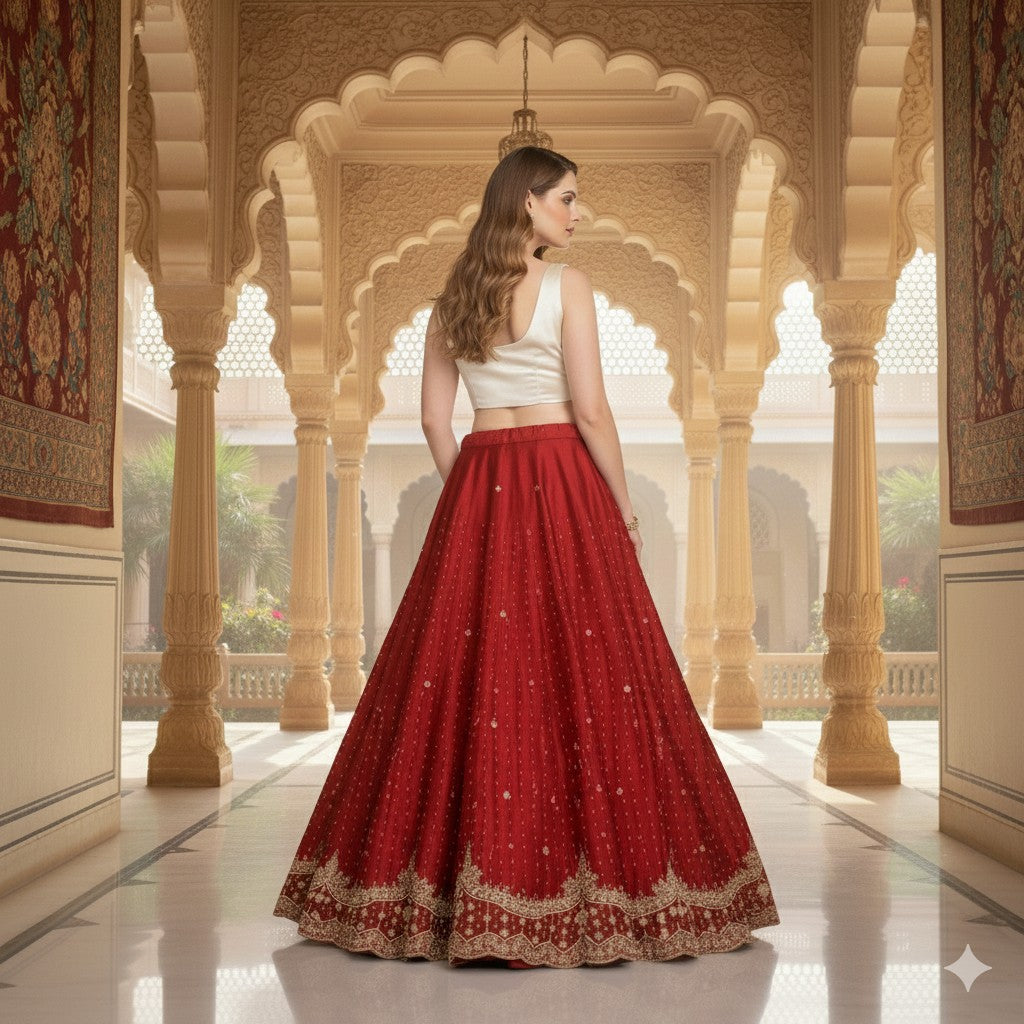 Sanskriti Vintage Red Long Unstitched Lehenga Pure Satin Hand Embroidery Zardozi