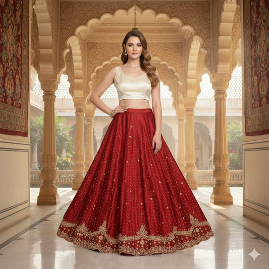 Sanskriti Vintage Red Long Unstitched Lehenga Pure Satin Hand Embroidery Zardozi