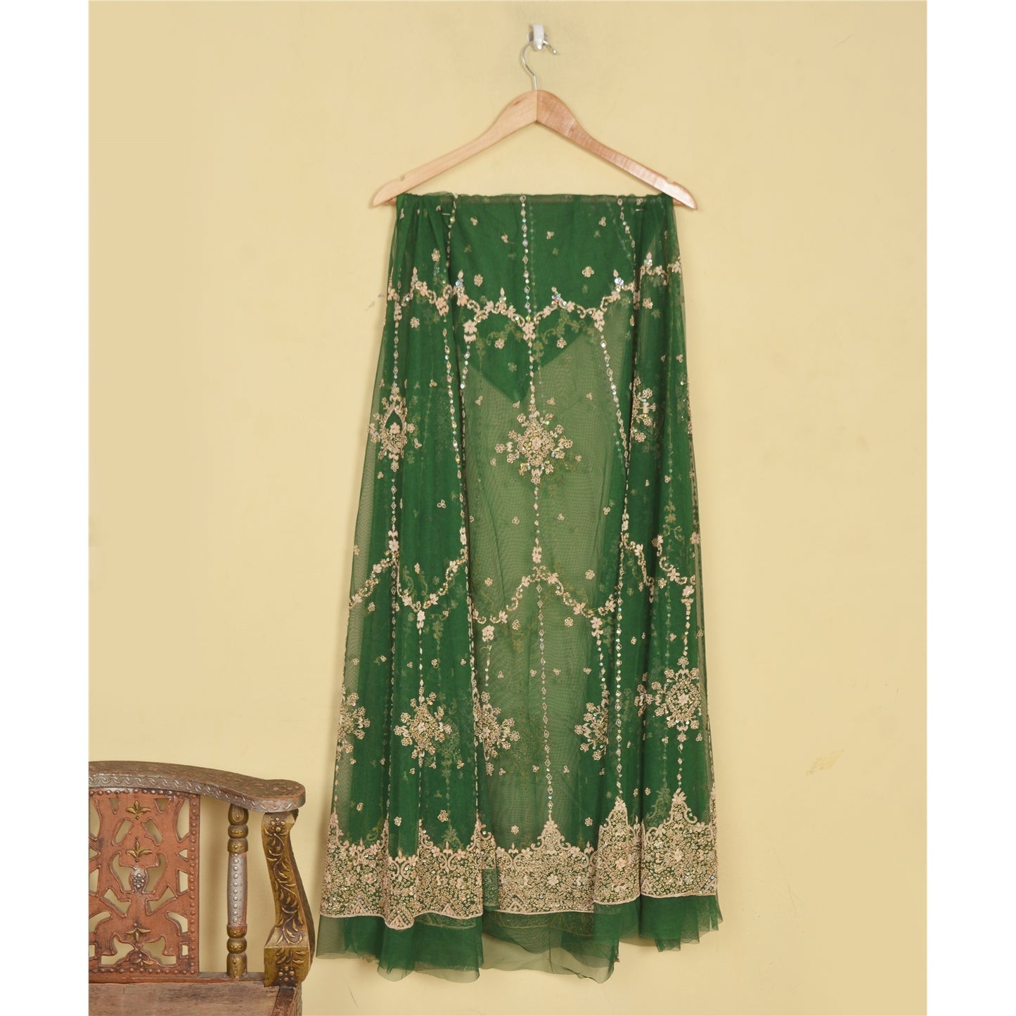 Sanskriti New Indian Green Long Unstitched Lehenga Net Hand Beaded Zardozi