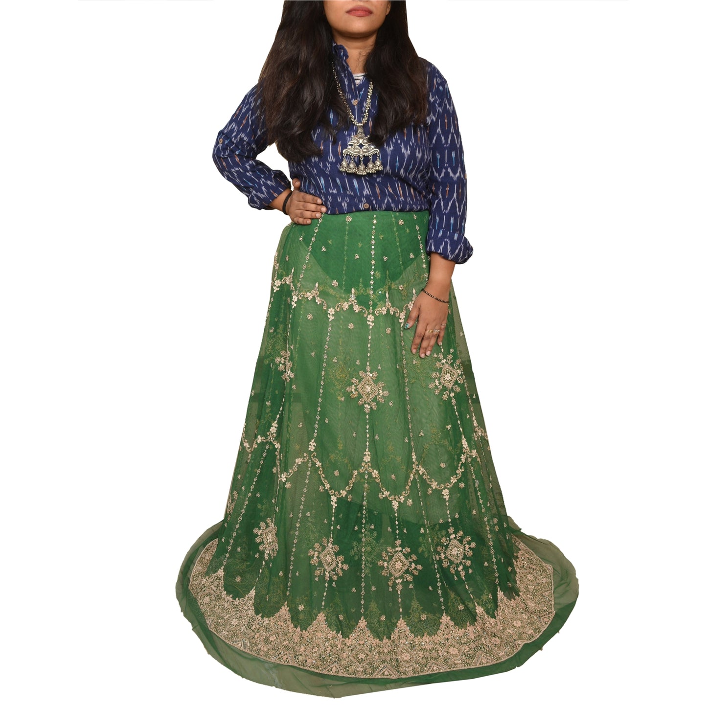 Sanskriti New Indian Green Long Unstitched Lehenga Net Hand Beaded Zardozi