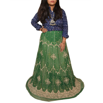 Sanskriti New Indian Green Long Unstitched Lehenga Net Hand Beaded Zardozi
