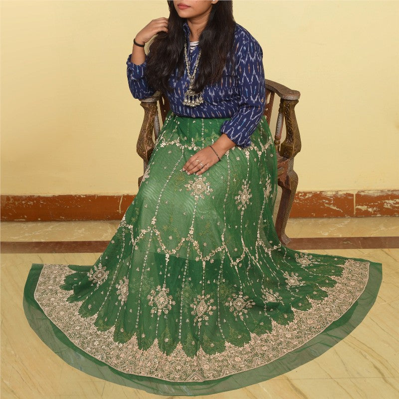 Sanskriti New Indian Green Long Unstitched Lehenga Net Hand Beaded Zardozi