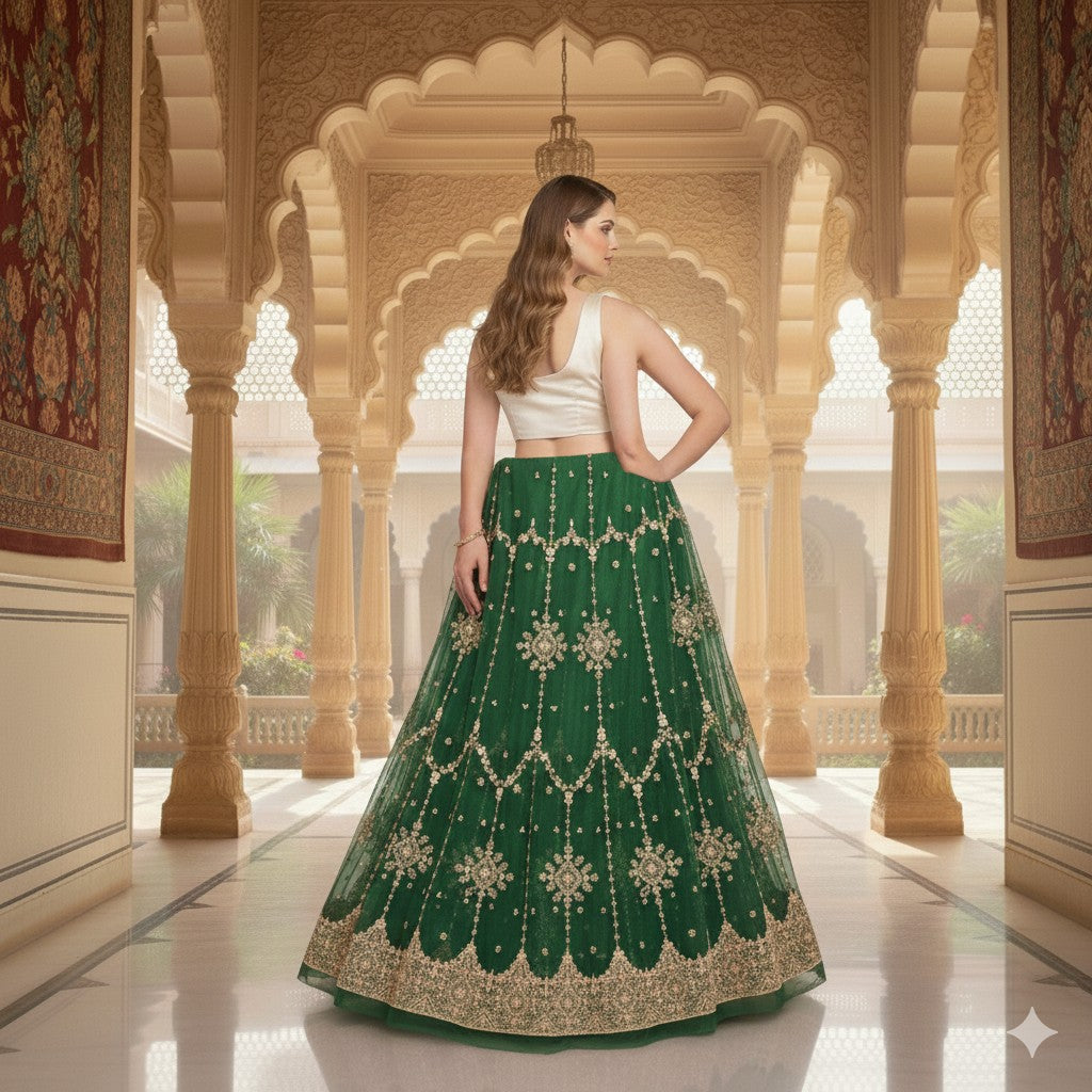 Sanskriti New Indian Green Long Unstitched Lehenga Net Hand Beaded Zardozi