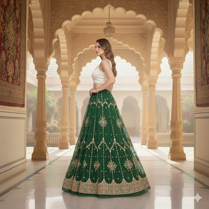 Sanskriti New Indian Green Long Unstitched Lehenga Net Hand Beaded Zardozi