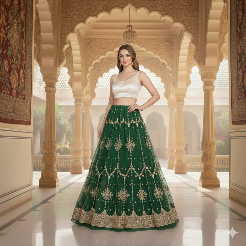 Sanskriti New Indian Green Long Unstitched Lehenga Net Hand Beaded Zardozi