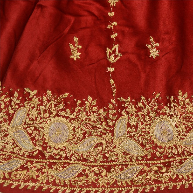 Sanskriti New Red Long Unstitched Lehenga Pure Satin Hand Embroidered Zardozi