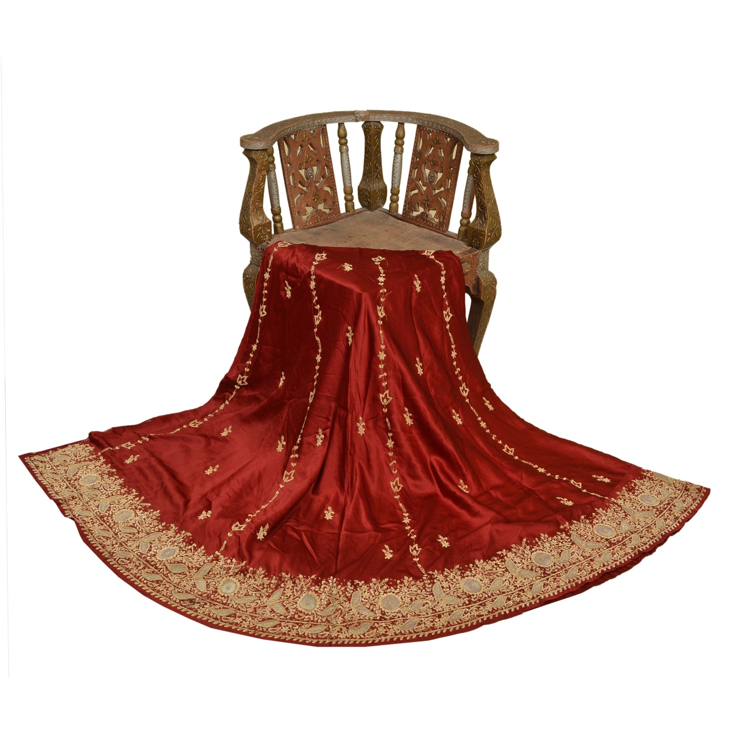 Sanskriti New Red Long Unstitched Lehenga Pure Satin Hand Embroidered Zardozi