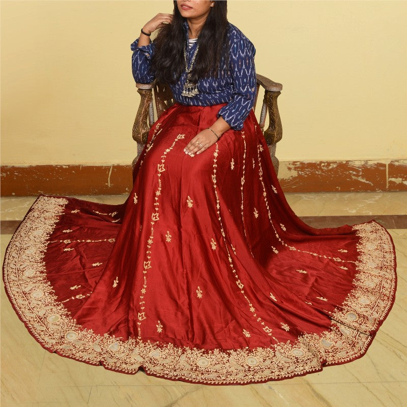 Sanskriti New Red Long Unstitched Lehenga Pure Satin Hand Embroidered Zardozi