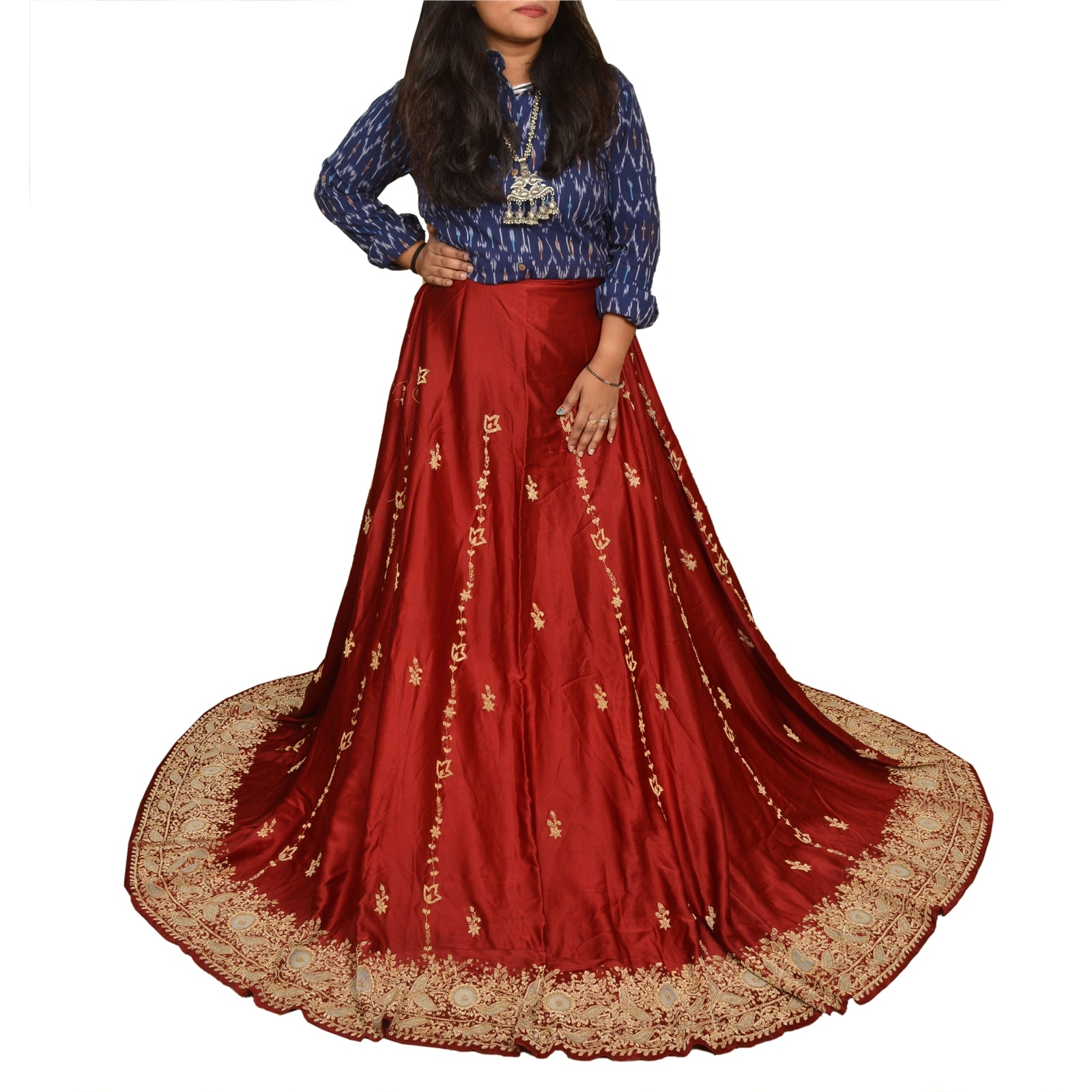 Sanskriti New Red Long Unstitched Lehenga Pure Satin Hand Embroidered Zardozi