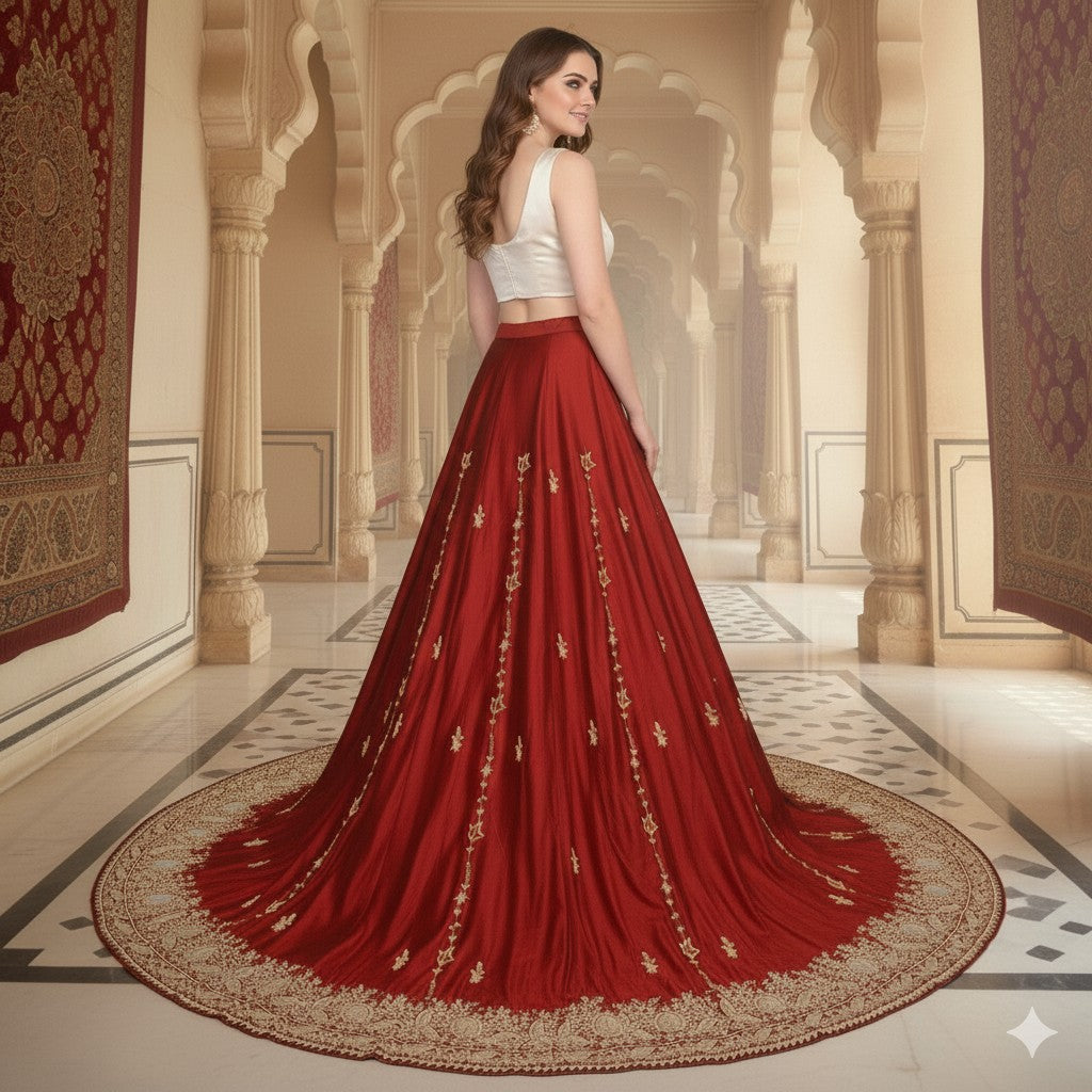 Sanskriti New Red Long Unstitched Lehenga Pure Satin Hand Embroidered Zardozi