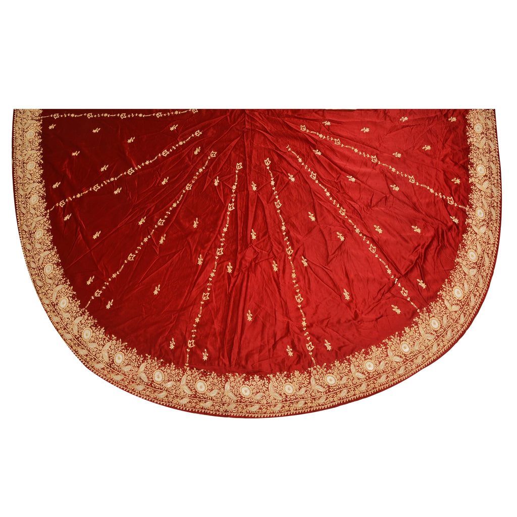 Sanskriti New Red Long Unstitched Lehenga Pure Satin Hand Embroidered Zardozi