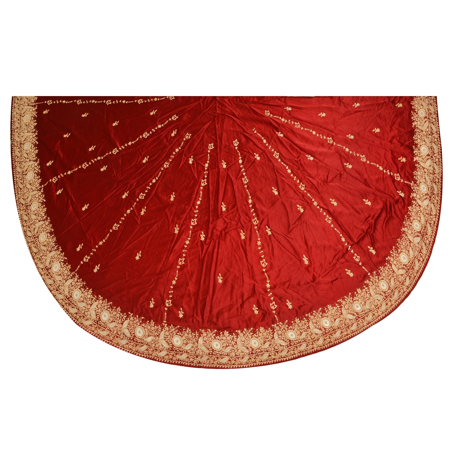 Sanskriti New Red Long Unstitched Lehenga Pure Satin Hand Embroidered Zardozi