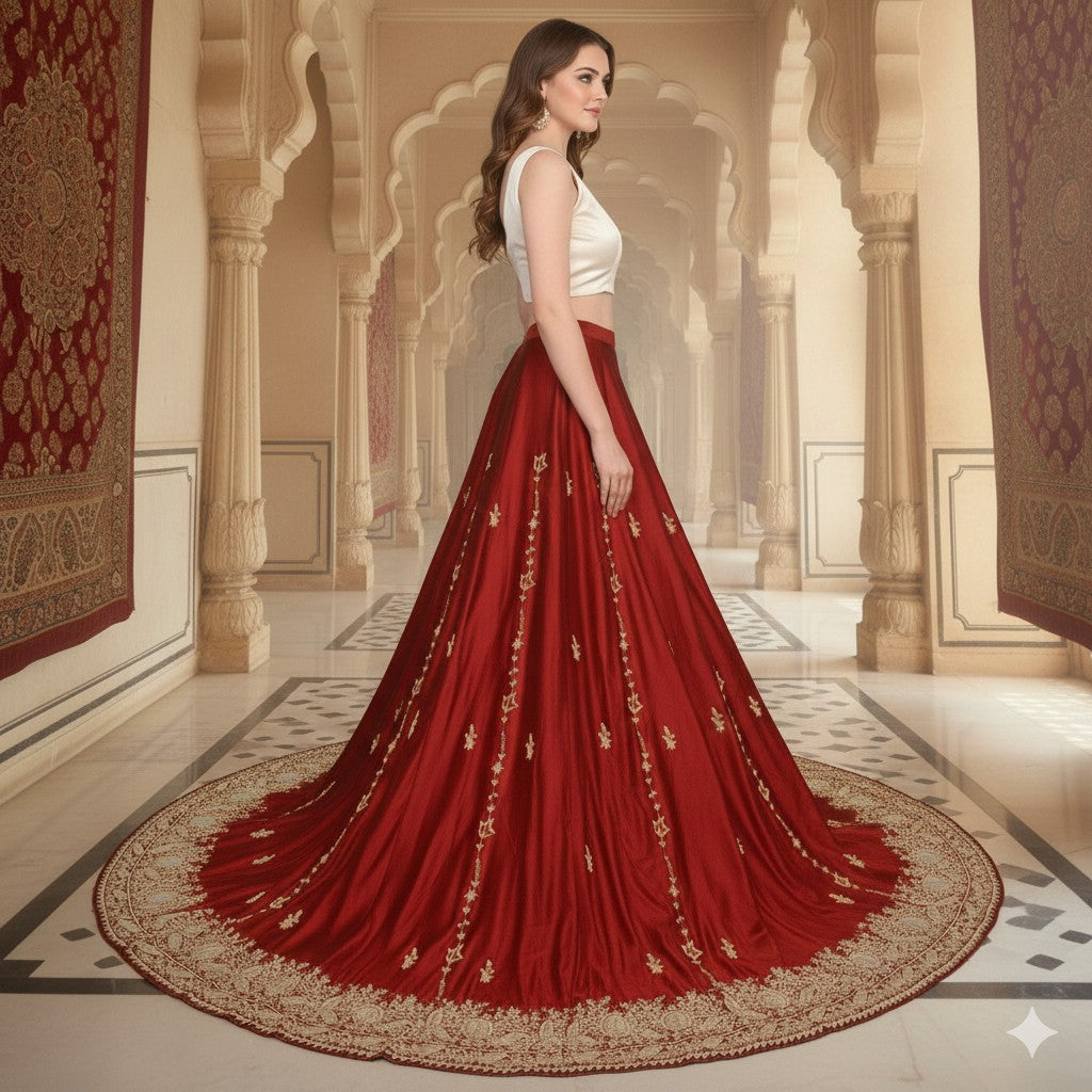 Sanskriti New Red Long Unstitched Lehenga Pure Satin Hand Embroidered Zardozi