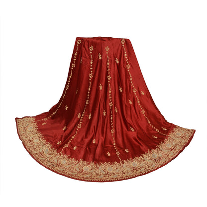 Sanskriti New Red Long Unstitched Lehenga Pure Satin Hand Embroidered Zardozi