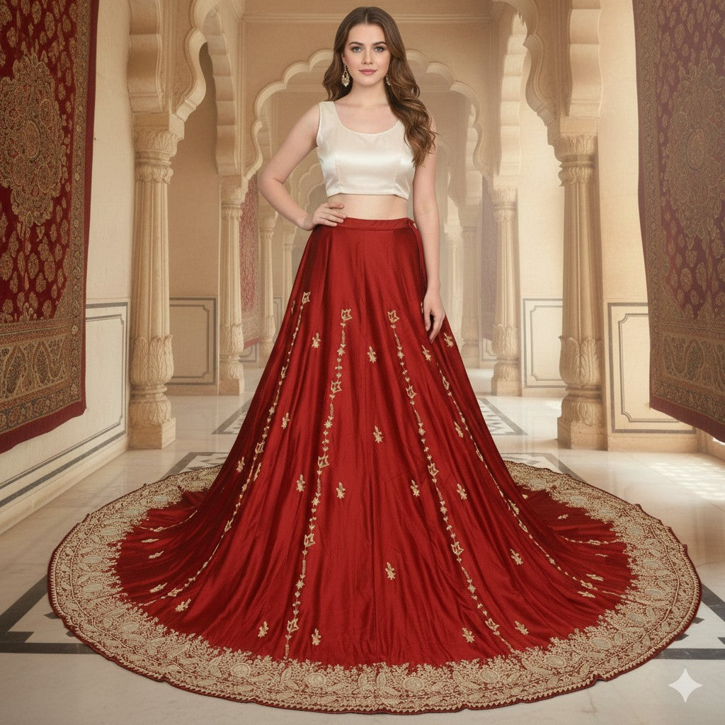 Sanskriti New Red Long Unstitched Lehenga Pure Satin Hand Embroidered Zardozi