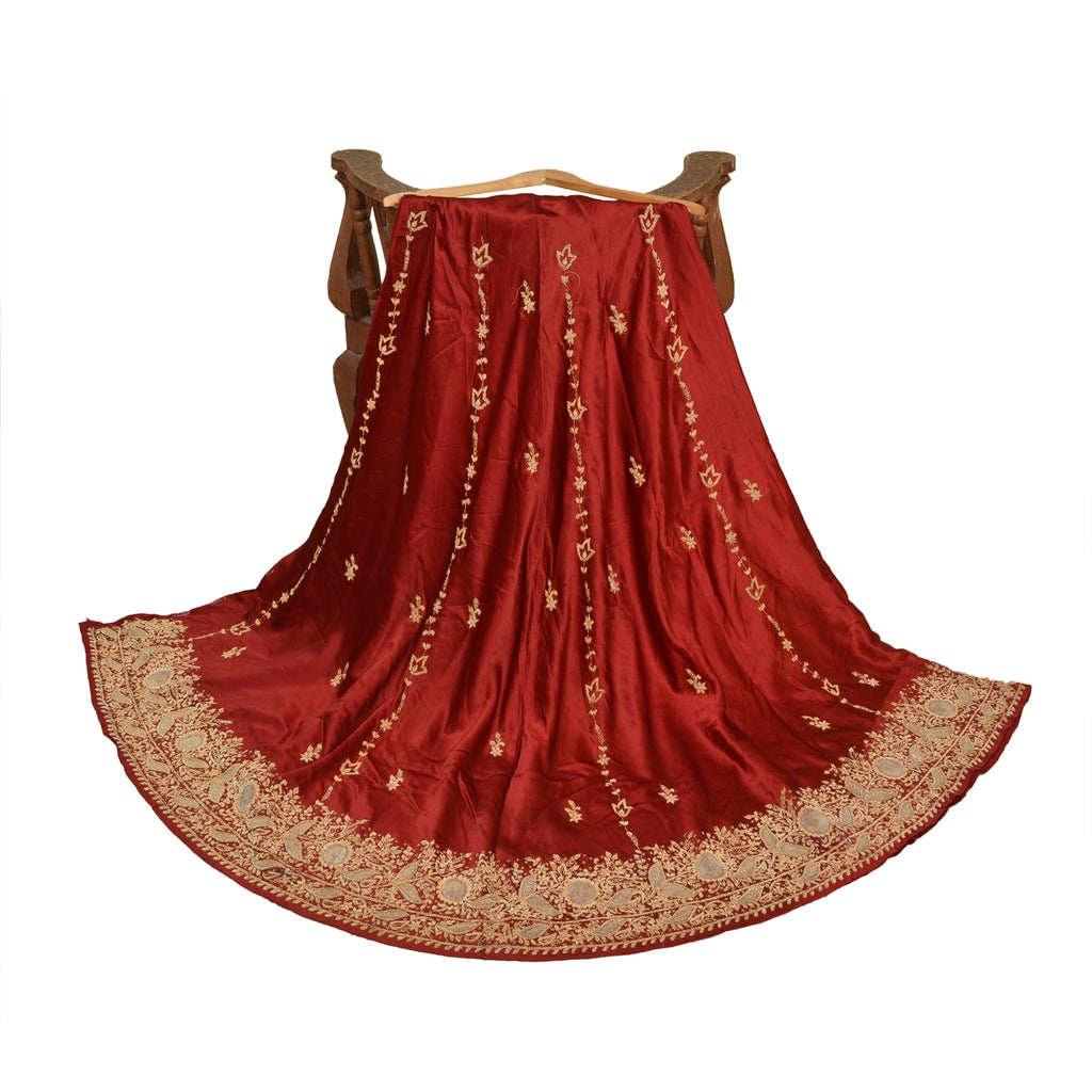 Sanskriti New Red Long Unstitched Lehenga Pure Satin Hand Embroidered Zardozi