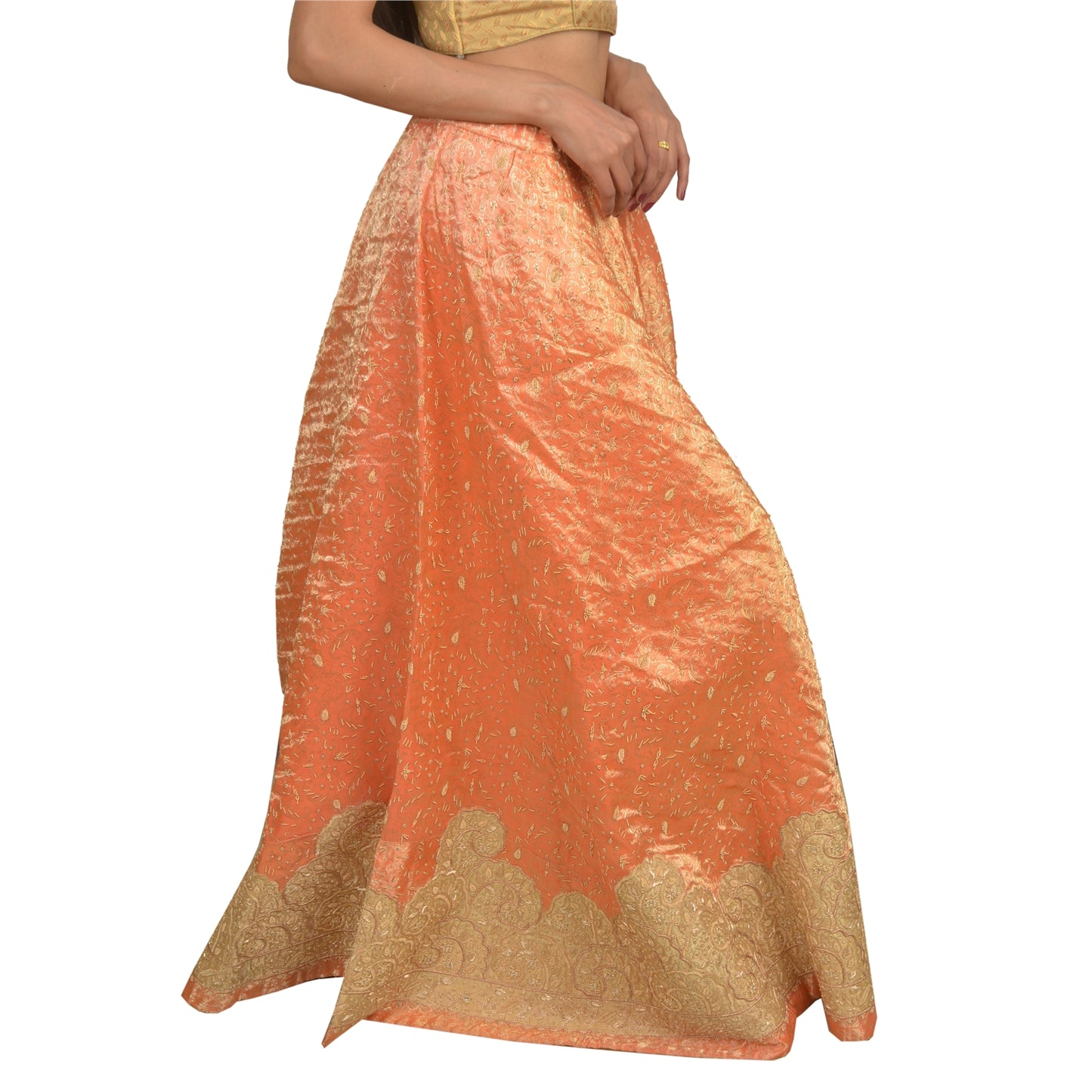 Sanskriti Vintage Peach Long Stitched Lehenga Pure Silk Hand Embroidered Zardozi