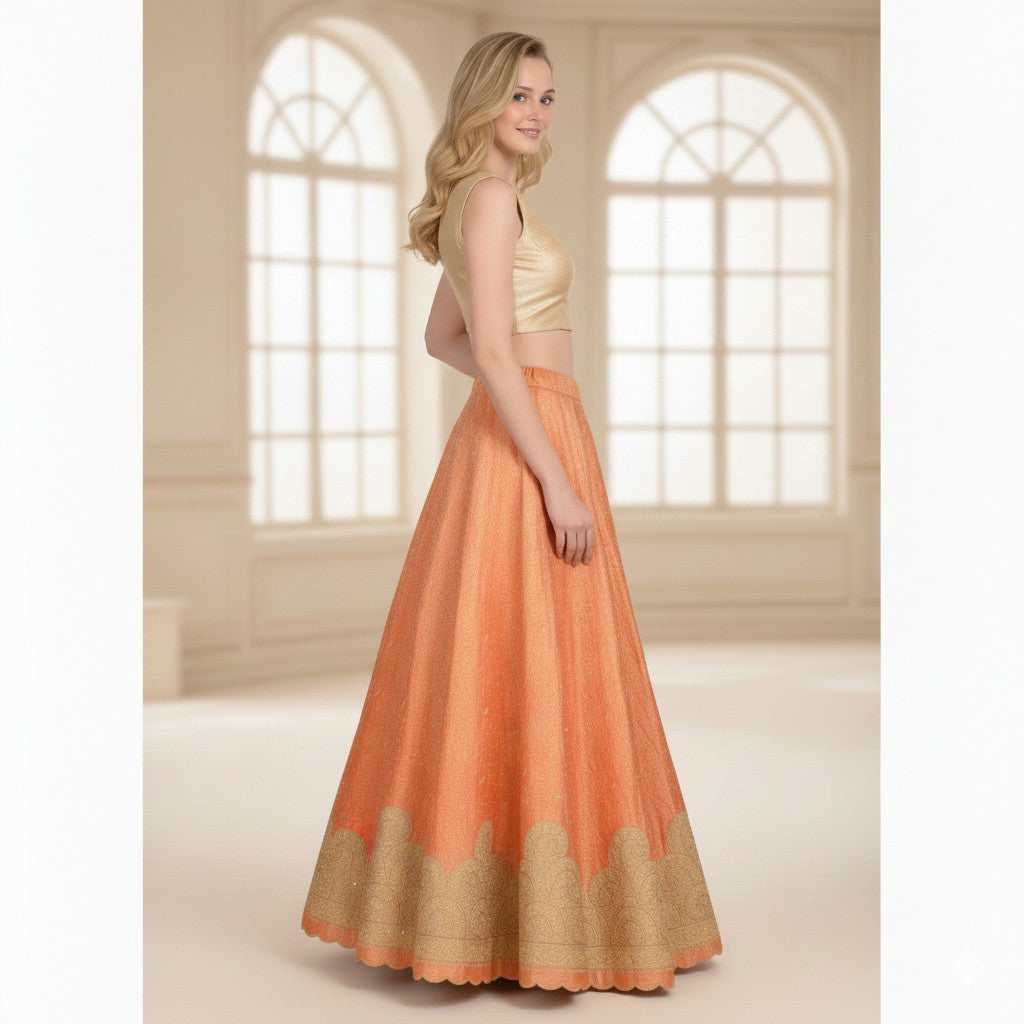 Sanskriti Vintage Peach Long Stitched Lehenga Pure Silk Hand Embroidered Zardozi