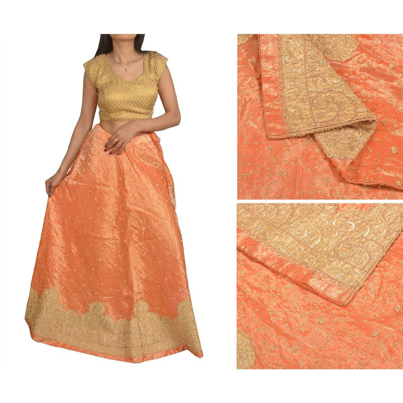 Sanskriti Vintage Peach Long Stitched Lehenga Pure Silk Hand Embroidered Zardozi