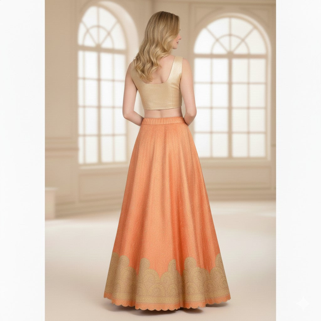 Sanskriti Vintage Peach Long Stitched Lehenga Pure Silk Hand Embroidered Zardozi