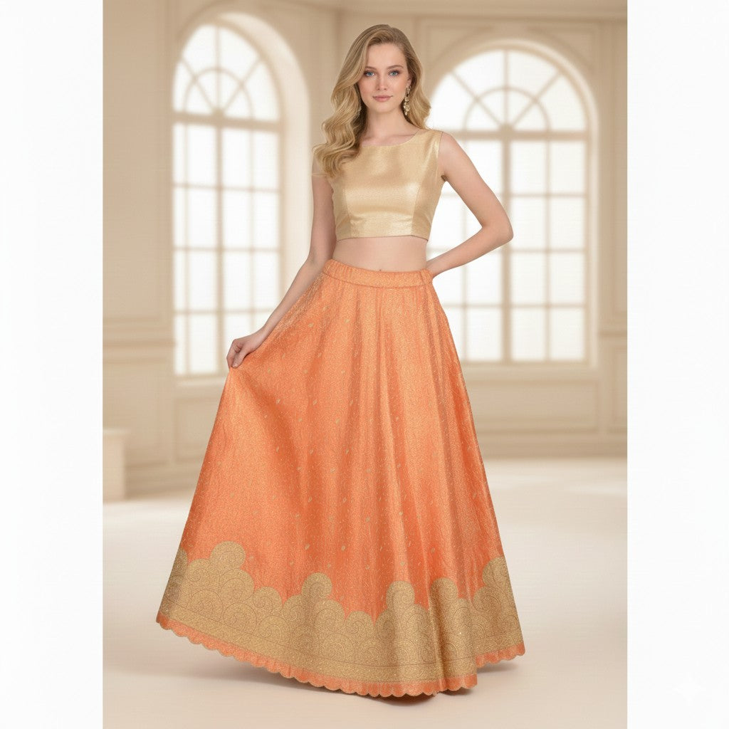 Sanskriti Vintage Peach Long Stitched Lehenga Pure Silk Hand Embroidered Zardozi