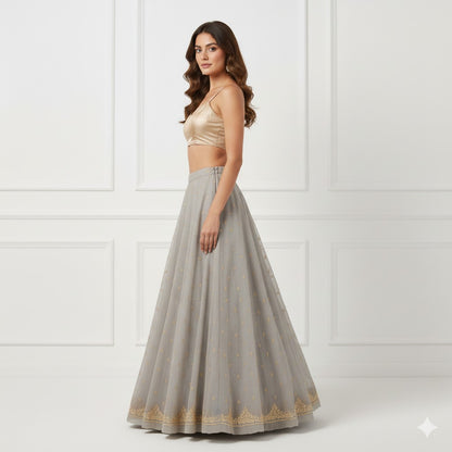 Sanskriti Vintage Lilac Long Unstitch Lehenga Kota Silk Hand Embroidered Zardozi