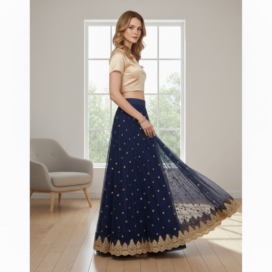 Sanskriti Vintage Blue Long Stitched Lehenga Net Mesh Hand Embroidered Zardozi