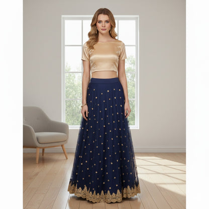 Sanskriti Vintage Blue Long Stitched Lehenga Net Mesh Hand Embroidered Zardozi