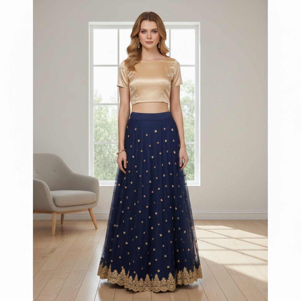 Sanskriti Vintage Blue Long Stitched Lehenga Net Mesh Hand Embroidered Zardozi