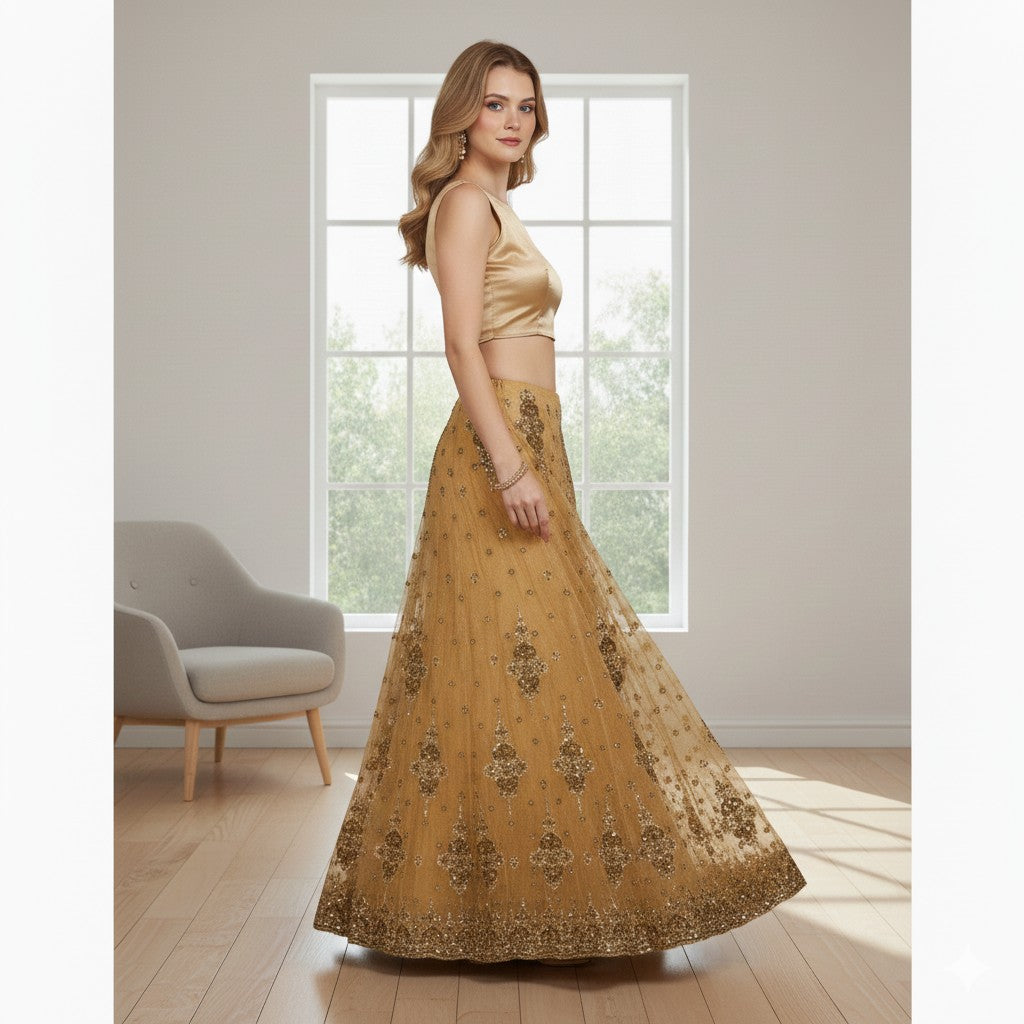 Sanskriti Vintage Golden Long Stitched Lehenga Net Mesh Hand Embroidered Zardozi