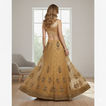 Sanskriti Vintage Golden Long Stitched Lehenga Net Mesh Hand Embroidered Zardozi