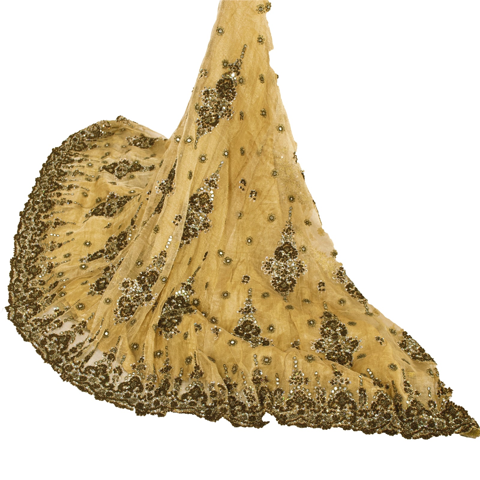 Sanskriti Vintage Golden Long Stitched Lehenga Net Mesh Hand Embroidered Zardozi