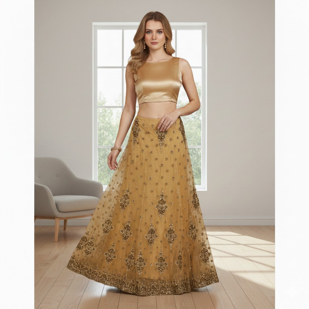 Sanskriti Vintage Golden Long Stitched Lehenga Net Mesh Hand Embroidered Zardozi