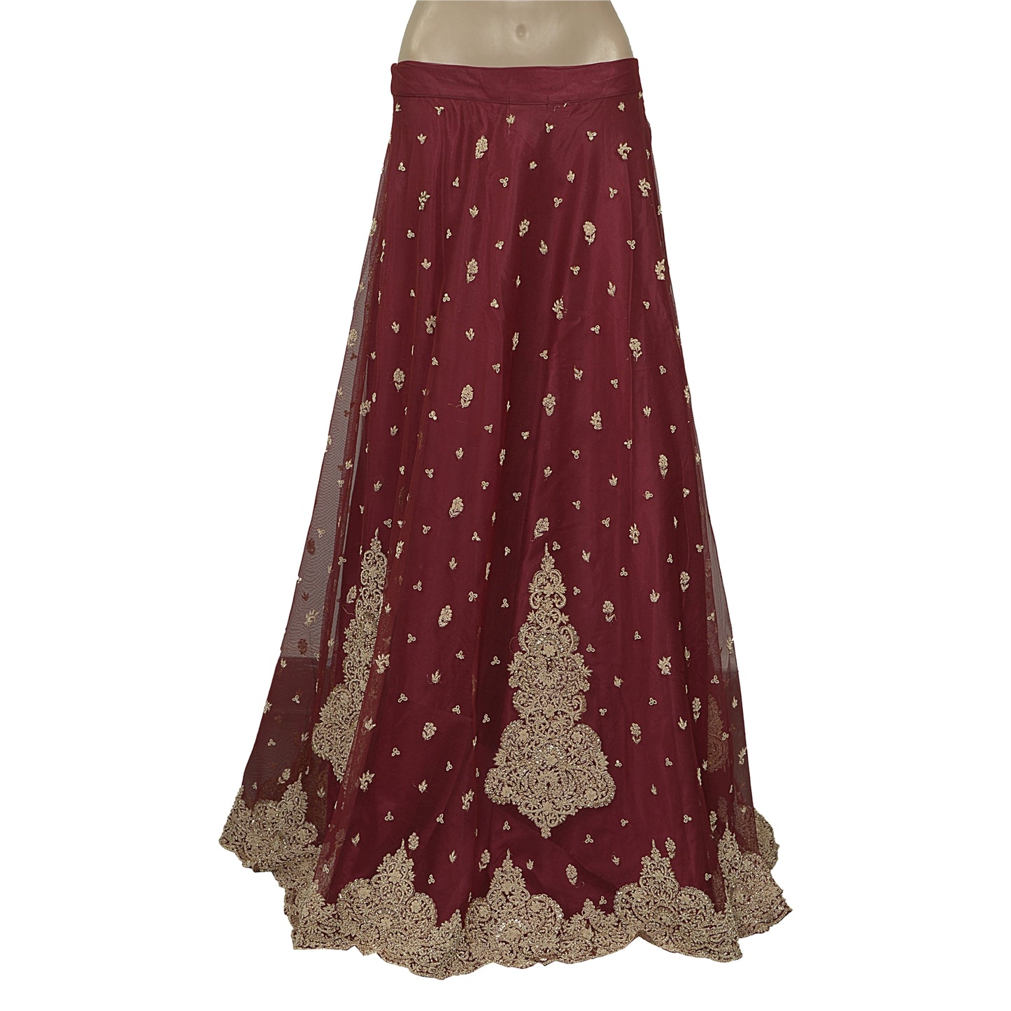 Sanskriti Vintage Red Long Stitch Lehenga Net Mesh Hand Embroidered Zari Zardozi