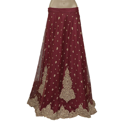 Sanskriti Vintage Red Long Stitch Lehenga Net Mesh Hand Embroidered Zari Zardozi
