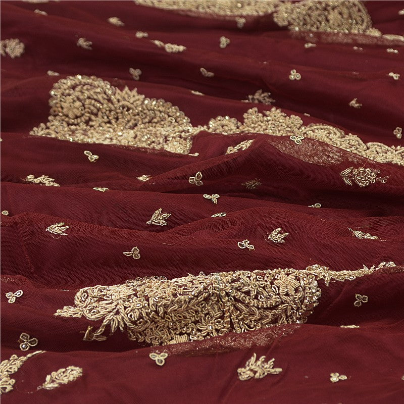 Sanskriti Vintage Red Long Stitch Lehenga Net Mesh Hand Embroidered Zari Zardozi