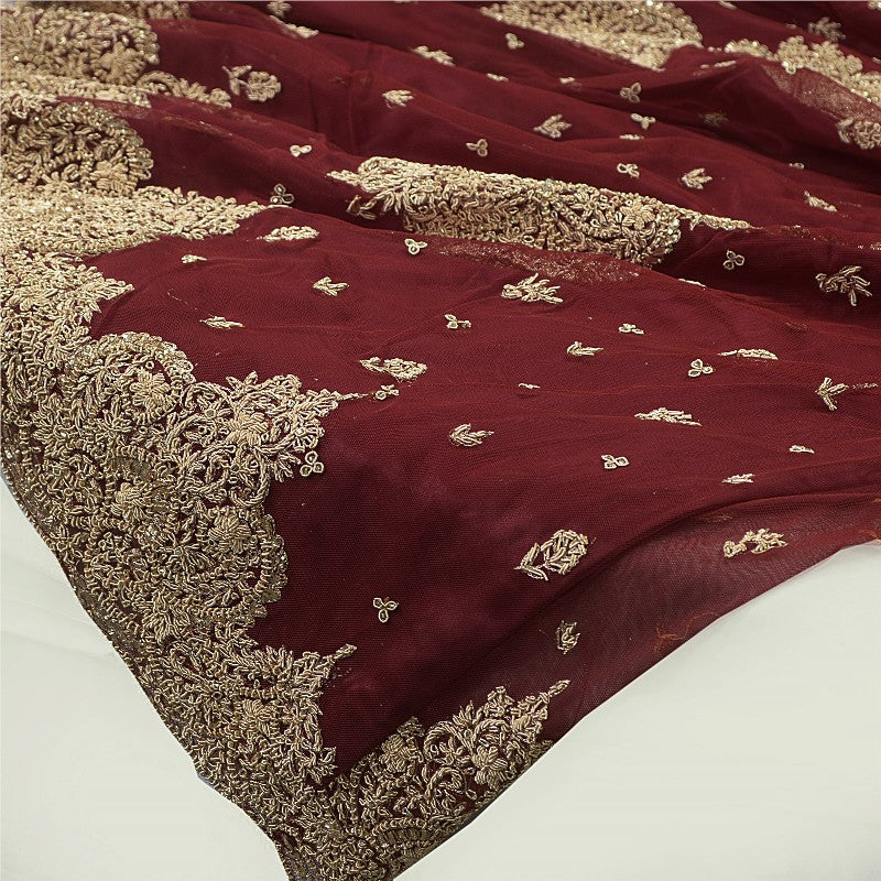 Sanskriti Vintage Red Long Stitch Lehenga Net Mesh Hand Embroidered Zari Zardozi