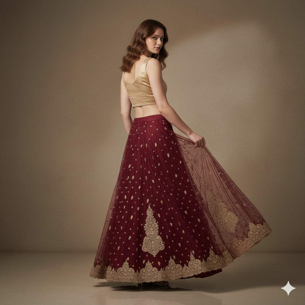 Sanskriti Vintage Red Long Stitch Lehenga Net Mesh Hand Embroidered Zari Zardozi