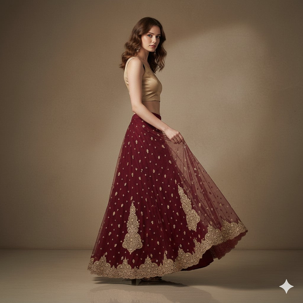 Sanskriti Vintage Red Long Stitch Lehenga Net Mesh Hand Embroidered Zari Zardozi