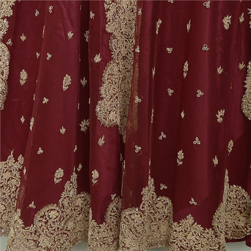 Sanskriti Vintage Red Long Stitch Lehenga Net Mesh Hand Embroidered Zari Zardozi