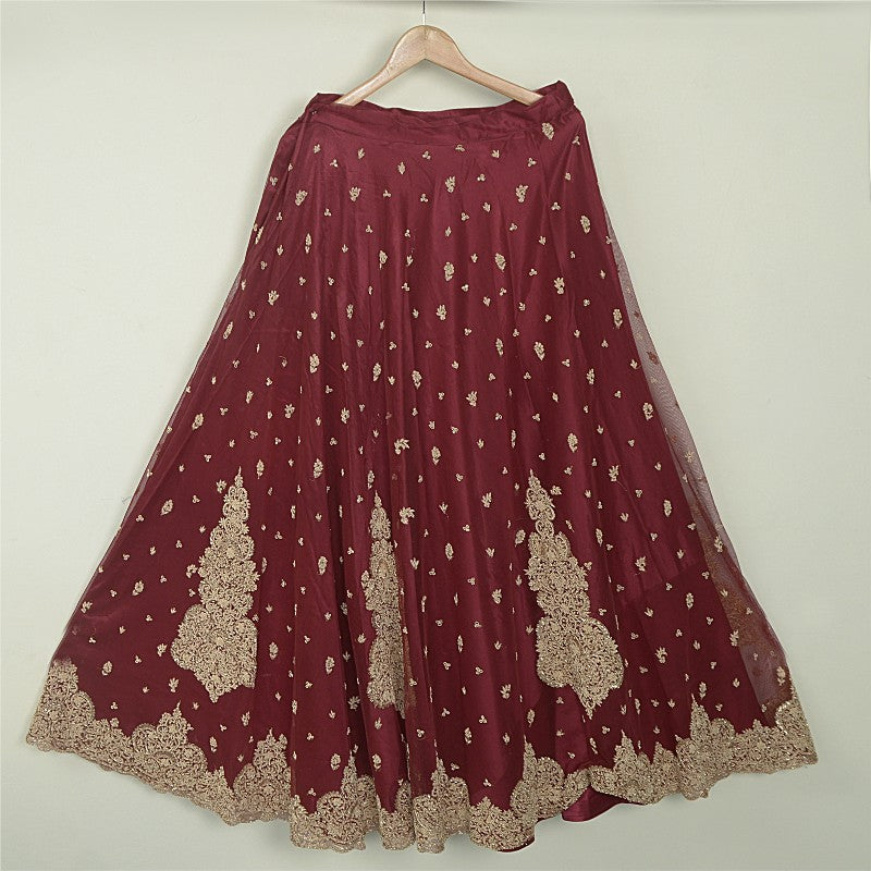 Sanskriti Vintage Red Long Stitch Lehenga Net Mesh Hand Embroidered Zari Zardozi