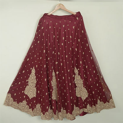 Sanskriti Vintage Red Long Stitch Lehenga Net Mesh Hand Embroidered Zari Zardozi