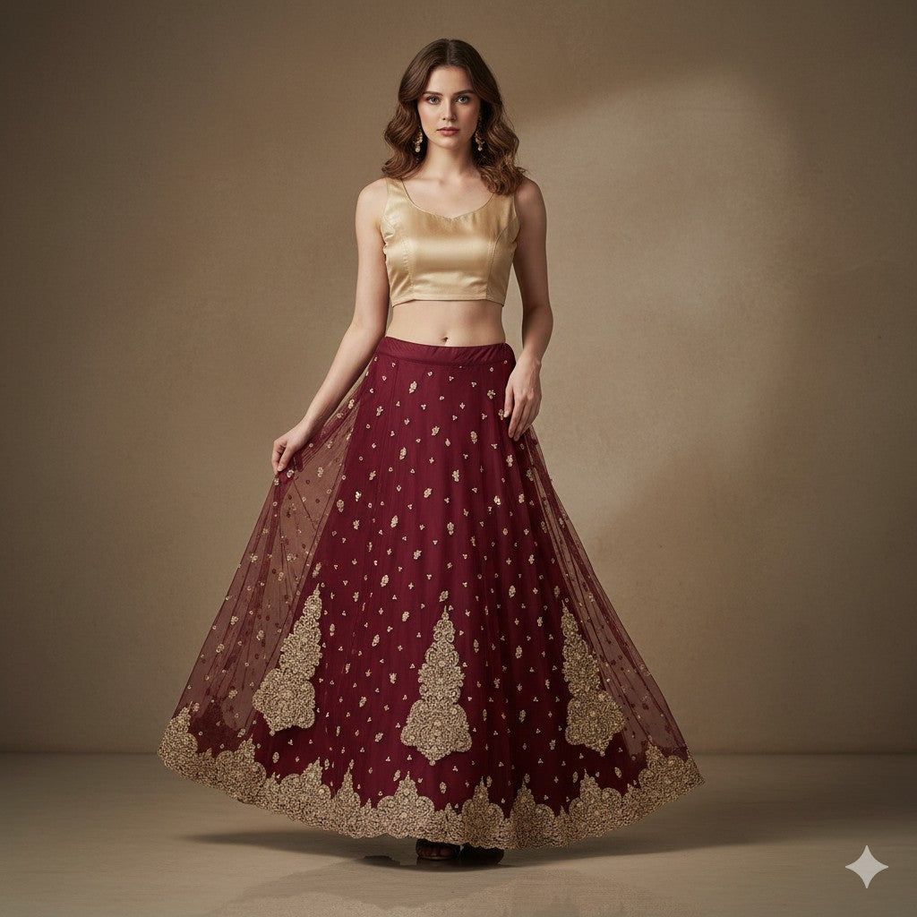 Sanskriti Vintage Red Long Stitch Lehenga Net Mesh Hand Embroidered Zari Zardozi